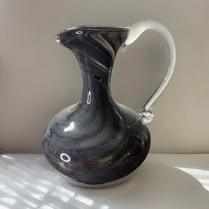 Handblown Black Gray Amethyst Swirl Pitcher Clear Applied Handle 7.5” Tall AS IS